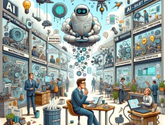 Eclectic office showing AI transforming various business sectors, from manufacturing to customer service.