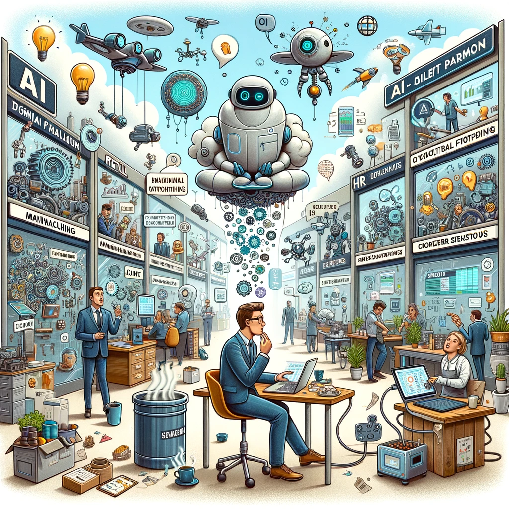 Eclectic office showing AI transforming various business sectors, from manufacturing to customer service.