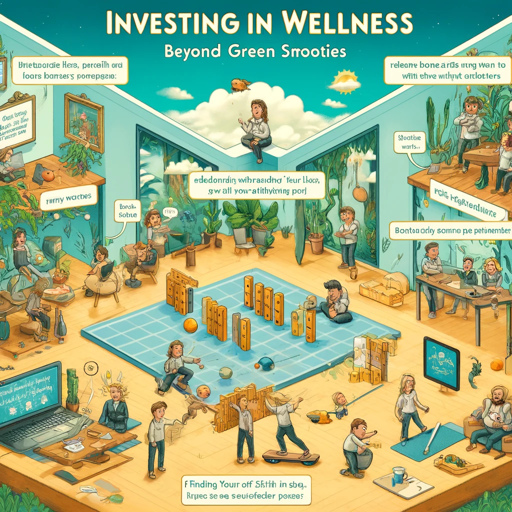 Imaginative office scene depicting founder wellness through work-life balance and holistic self-care practices.