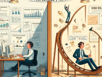 Split office scene depicting the shift from risk-aversion to embracing calculated risks in venture building.