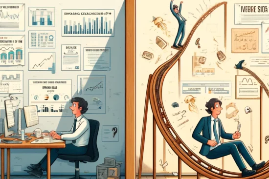 Split office scene depicting the shift from risk-aversion to embracing calculated risks in venture building.