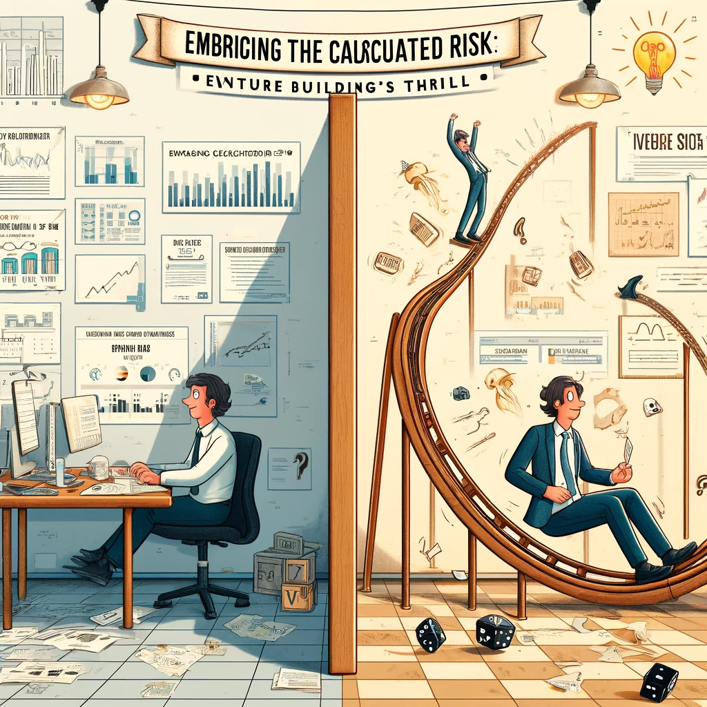 Split office scene depicting the shift from risk-aversion to embracing calculated risks in venture building.