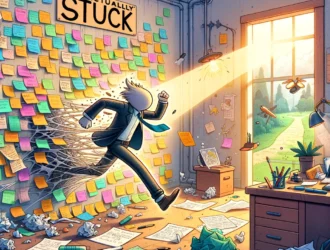 Character humorously stuck against a wall of ideas in a chaotic office.