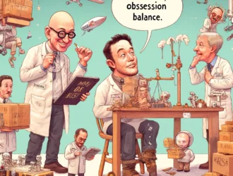 Caricatures of tech moguls in a lab, showcasing the balance between obsession and success.