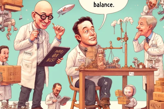 Caricatures of tech moguls in a lab, showcasing the balance between obsession and success.