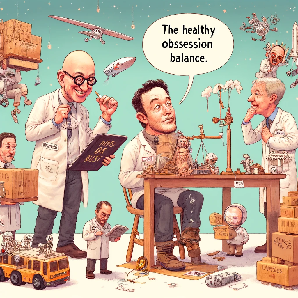 Caricatures of tech moguls in a lab, showcasing the balance between obsession and success.