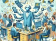 Humorous illustration of a robot helping in a vibrant startup office, enhancing operations.