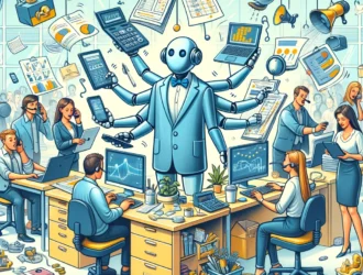 Humorous illustration of a robot helping in a vibrant startup office, enhancing operations.