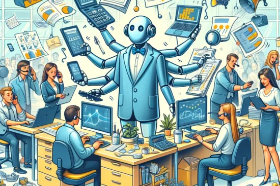 Humorous illustration of a robot helping in a vibrant startup office, enhancing operations.