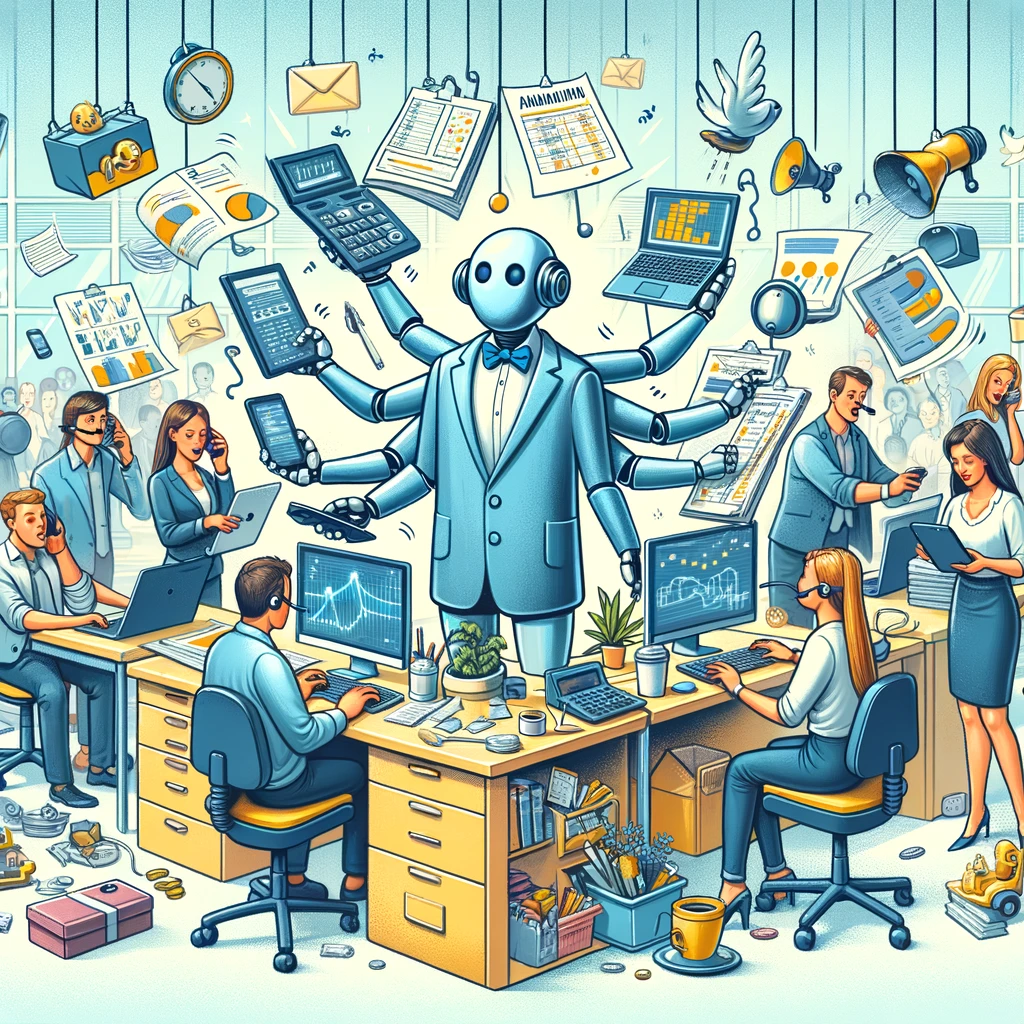 Humorous illustration of a robot helping in a vibrant startup office, enhancing operations.